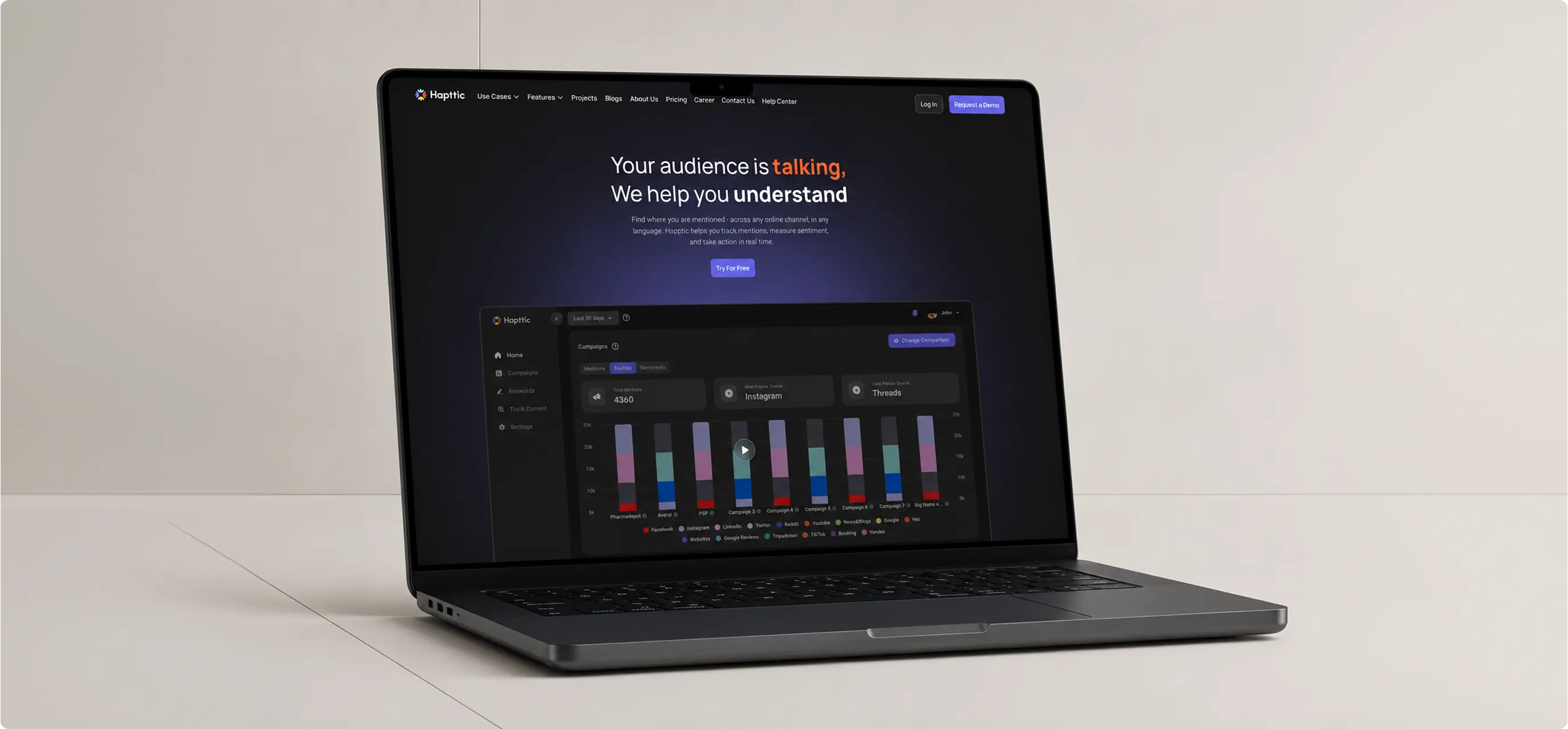 Hapttic marketing website and analytics dashboard displayed on a laptop