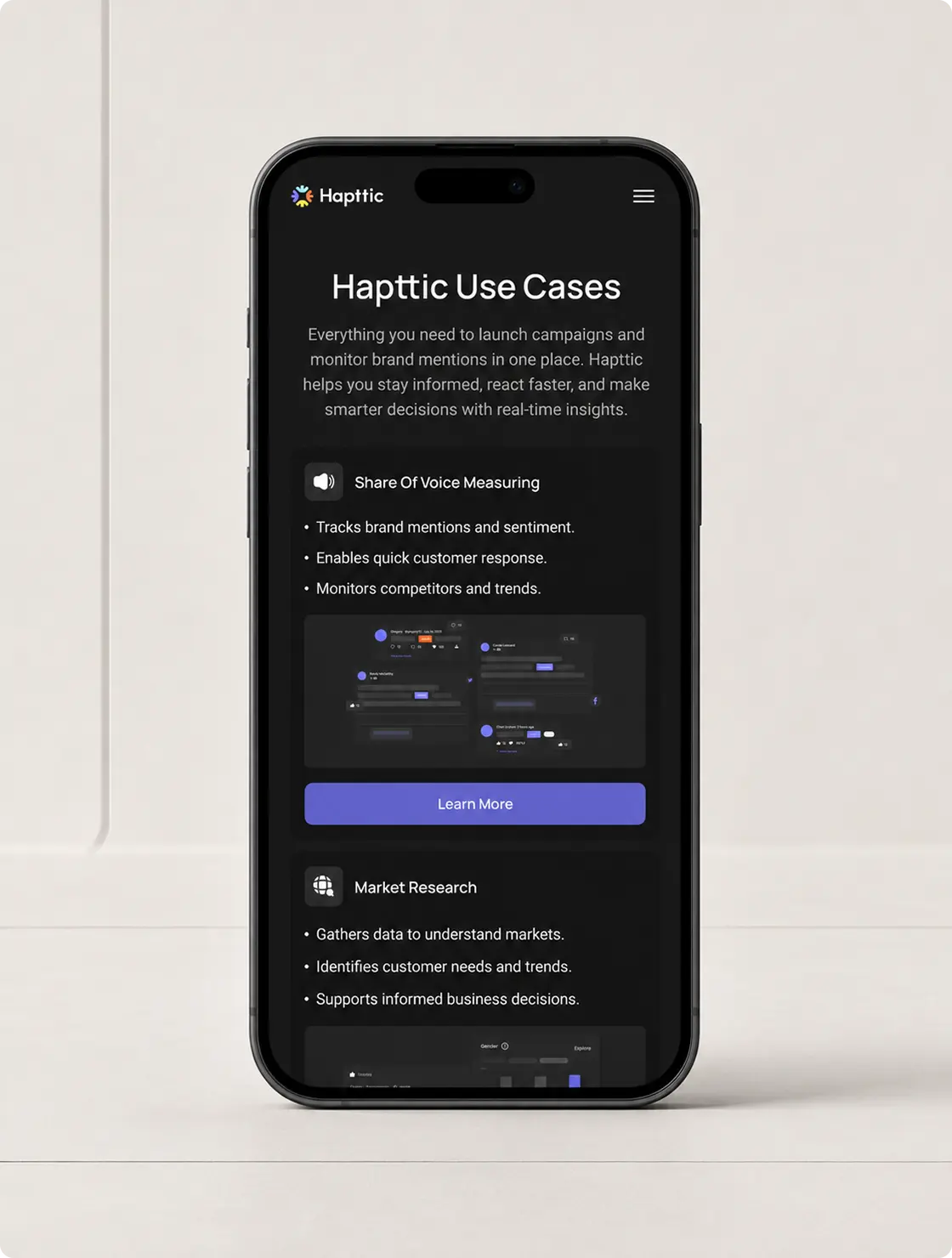Hapttic use-cases page displayed on a phone