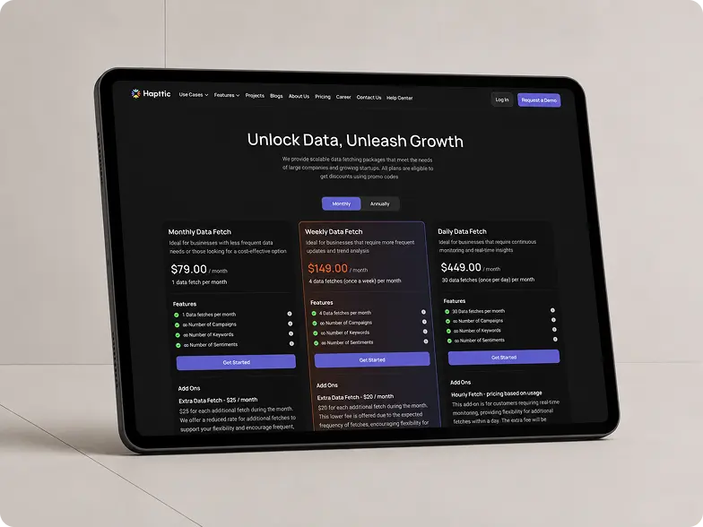 Hapttic pricing plans displayed on a tablet
