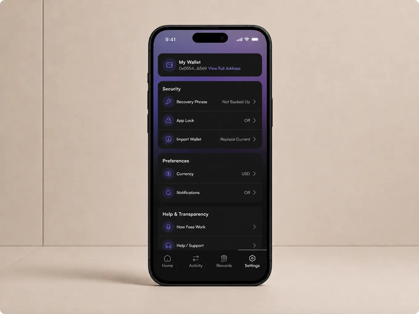Noxtton Wallet security and preferences settings