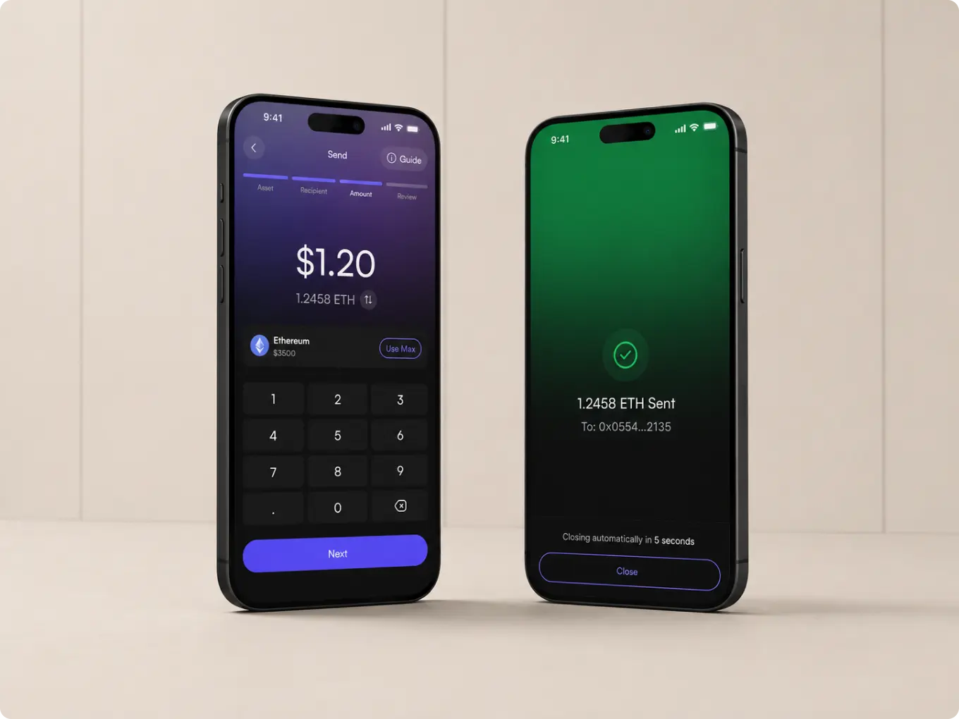 Noxtton Wallet send amount and successful transaction screens