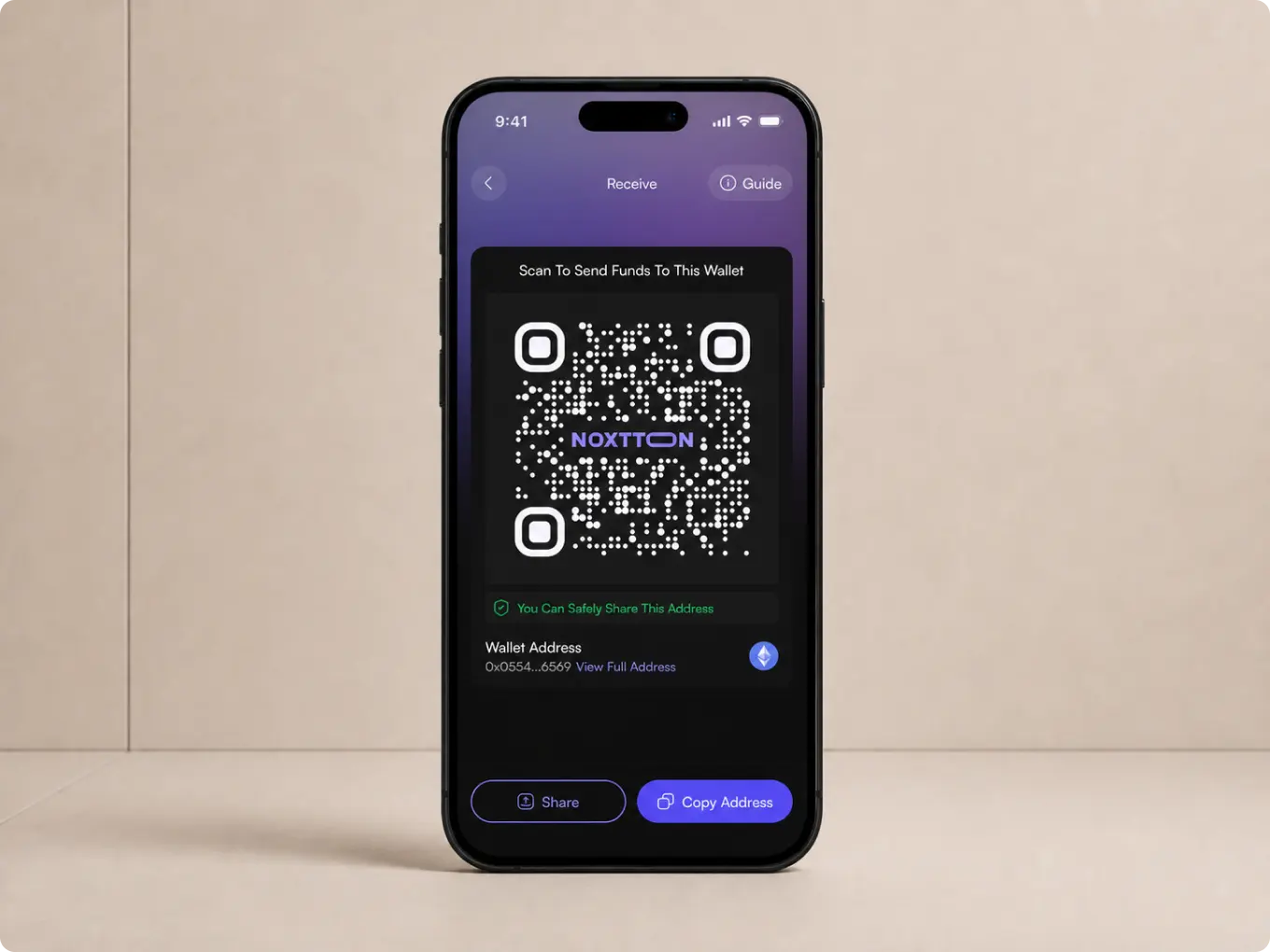 Noxtton Wallet receive screen with QR code and address controls