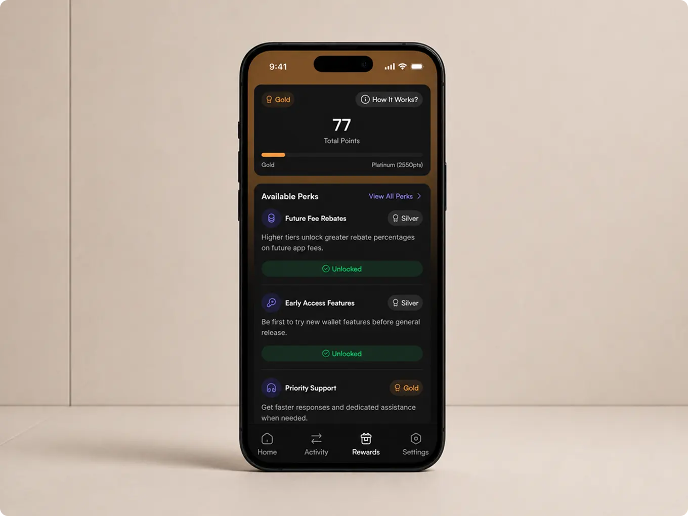 Noxtton Wallet rewards screen showing points and available perks