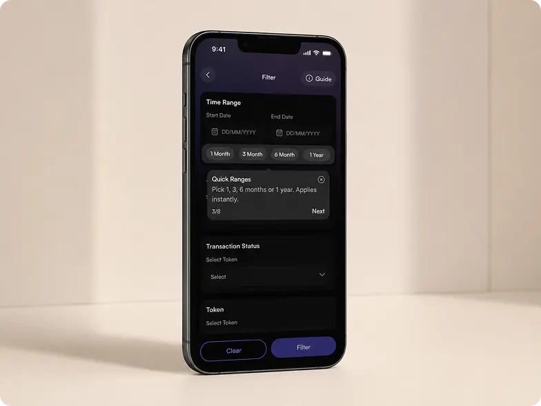 Noxtton Wallet transaction filter with guided quick ranges