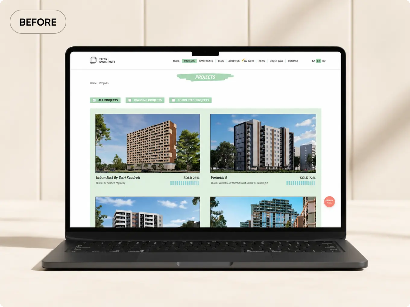 Previous White Square projects page displayed on a laptop