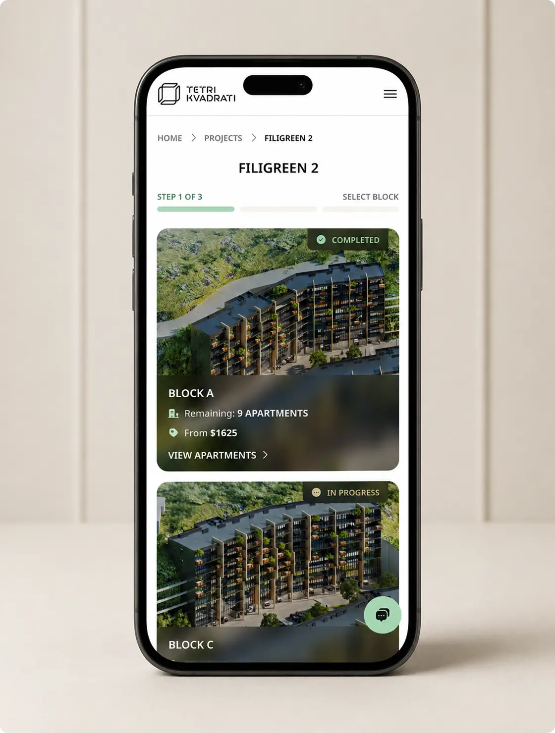 White Square mobile block-selection interface for the Filigreen 2 development
