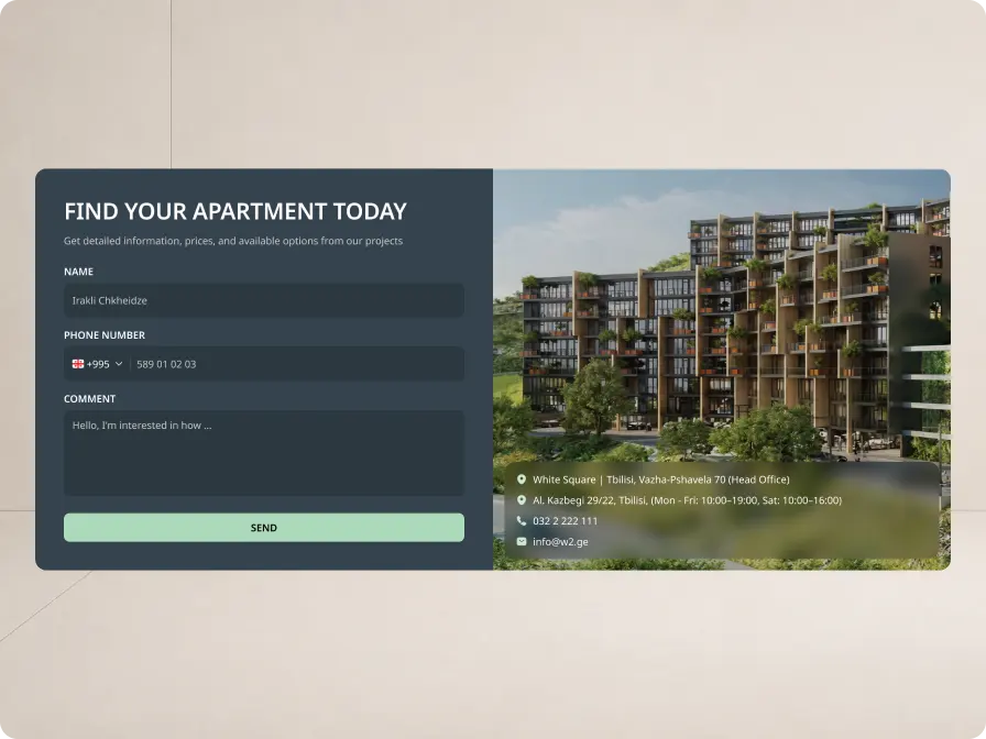 White Square apartment enquiry form with development contact details