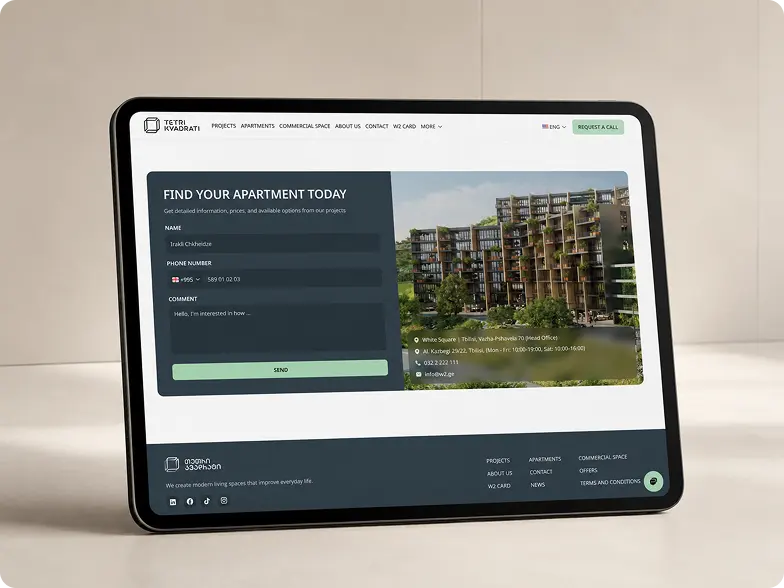 White Square apartment enquiry form displayed on a tablet